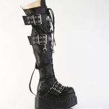 Platform Over The Knee Boots – Studded Pyramid Stretch Boots with Buckle Straps and Chain Detail