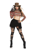 Nightmare Warrior Costume for Women, 4-Piece Horror Halloween Costume with Fedora, Distressed Striped Sweatshirt, Skirt & Prop Glove