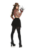 Nightmare Warrior Costume for Women, 4-Piece Horror Halloween Costume with Fedora, Distressed Striped Sweatshirt, Skirt & Prop Glove