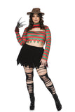 Nightmare Warrior Costume for Women, 4-Piece Horror Halloween Costume with Fedora, Distressed Striped Sweatshirt, Skirt & Prop Glove