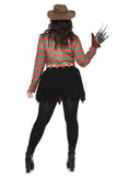 Nightmare Warrior Costume for Women, 4-Piece Horror Halloween Costume with Fedora, Distressed Striped Sweatshirt, Skirt & Prop Glove