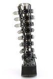 Platform Knee High Boots with 8 Buckle Straps & Metal Plate Details