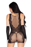 Wild Rose Lace Mini Dress with Deep-V Net Detail & Gloves