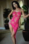 Flower Webbing Halter Neck Fishnet Dress with Thong