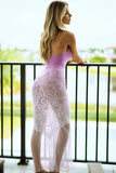 Ombre Floral Plunge Dress, Floral Plunge Bodystocking Dress with Keyhole Ring & Open Back