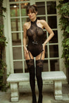 Cheeky Butler Bodysuit with Garter Tights – Plunging Neckline & Sheer Floral Detail