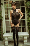 Cheeky Butler Bodysuit with Garter Tights – Plunging Neckline & Sheer Floral Detail