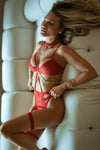 Chained Reaction Lace Bodysuit, Lace Cutout Strappy Bodysuit with Silver Chain & Garter Straps