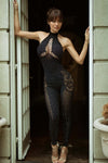 Straight from Saturn Jumpsuit – High Neck Glitter Fishnet Open-Back Bodysuit