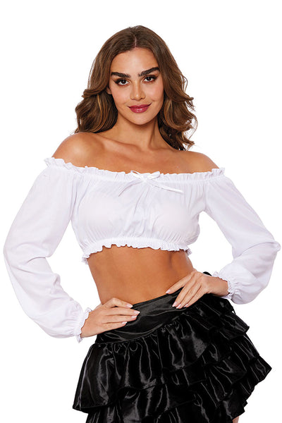 Pretty ‘N Peasant Off-Shoulder Top – Ruffled Knit Blouse with Bow Accent