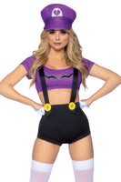 Three Piece Gamer Baddie Costume, Mario Style Crop Top with Suspender Shorts