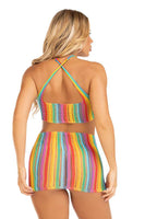 Rainbow striped cross-over halter mini dress.