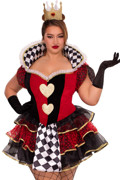 Plus Size Queen of Hearts Costume for Women – 2 PC Tiered Dress with Stay-Up Collar, Built-In Petticoat & Crown