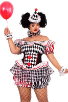 Plus Size Darling Harlequin Costume for Women – 4 PC Clown Outfit with Ruffle Trimmed Bloomer Romper, Wrist & Neck Ruffles, and Hat Headband