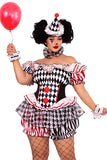 Plus Size Darling Harlequin Costume for Women – 4 PC Clown Outfit with Ruffle Trimmed Bloomer Romper, Wrist & Neck Ruffles, and Hat Headband