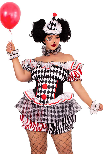 Plus Size Darling Harlequin Costume for Women – 4 PC Clown Outfit with Ruffle Trimmed Bloomer Romper, Wrist & Neck Ruffles, and Hat Headband