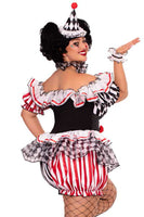 Plus Size Darling Harlequin Costume for Women – 4 PC Clown Outfit with Ruffle Trimmed Bloomer Romper, Wrist & Neck Ruffles, and Hat Headband