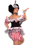Plus Size Darling Harlequin Costume for Women – 4 PC Clown Outfit with Ruffle Trimmed Bloomer Romper, Wrist & Neck Ruffles, and Hat Headband
