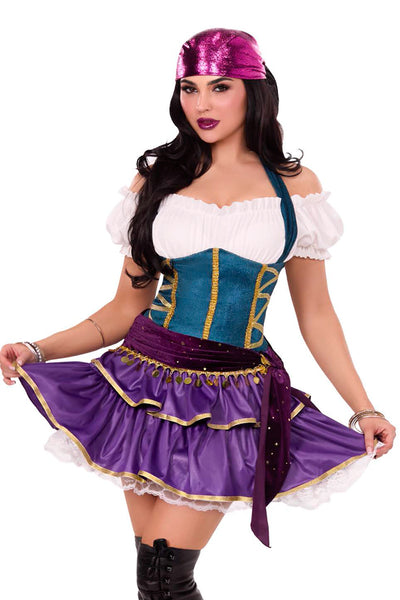 Tarot Card Temptress Costume for Women – 2 PC Fortune Teller Outfit with Tiered Skirt Dress, Sequin Sash & Metallic Head Scarf