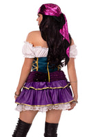 Tarot Card Temptress Costume for Women – 2 PC Fortune Teller Outfit with Tiered Skirt Dress, Sequin Sash & Metallic Head Scarf
