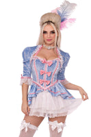 Marie Antoinette Costume for Women – 2 PC Velvet Brocade Halter Dress with Ruffle Trim, Bow Accents & Matching Shrug