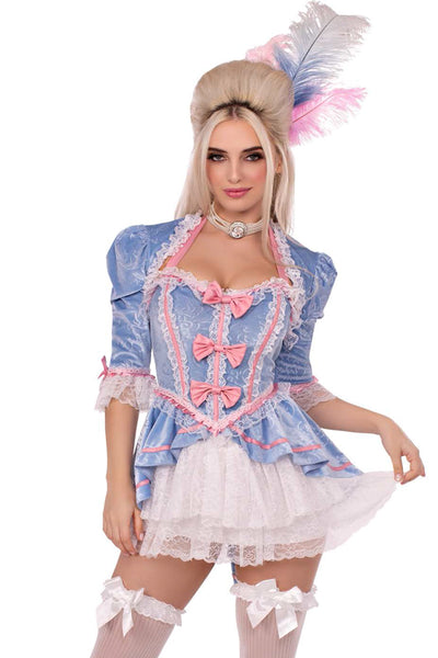 Marie Antoinette Costume for Women – 2 PC Velvet Brocade Halter Dress with Ruffle Trim, Bow Accents & Matching Shrug