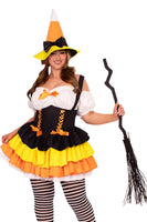 Candy Corn Witch Costume for Women – 2 PC Halloween Dress with Tiered Skirt, Lace-Up Waist & Matching Witch Hat