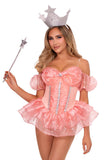 Enchanting Good Witch Costume for Women – 3 PC Bodysuit with Tiered Organza Skirt, Star Accents, Clear Straps & Crown Headband