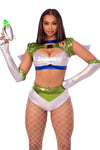 Intergalactic Ranger Costume for Women – 4 PC Holographic Crop Top, Wing Harness, Bottoms & Fingerless Gloves