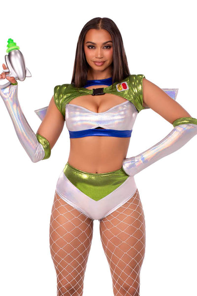 Intergalactic Ranger Costume for Women – 4 PC Holographic Crop Top, Wing Harness, Bottoms & Fingerless Gloves