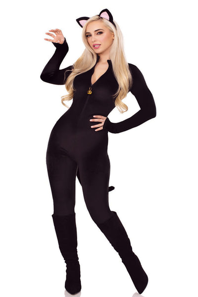 Pretty Kitty Costume for Women – 2 PC Velvet Plush Catsuit with Bell Zipper Pull, Wired Tail & Cat Ear Headband