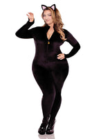 Pretty Kitty Costume for Women – 2 PC Velvet Plush Catsuit with Bell Zipper Pull, Wired Tail & Cat Ear Headband