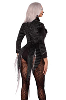 Halloween Baddie Costume for Women – 2 PC Striped Velvet Bodysuit with Snap Crotch & Wing Bow Tie