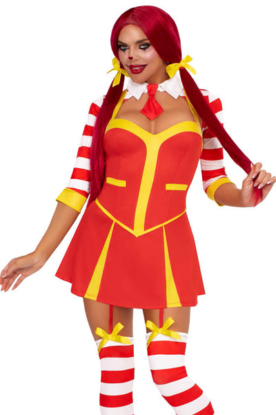 Ketchup Clown Costume for Women – 3 PC Garter Dress with Attached Thigh Highs, Collared Shrug & Hair Bows