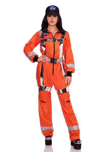 Cosmic Astronaut Costume for Women – 3 PC Zip-Up Jumpsuit with Reflective Trim, Metallic Harness & Hat