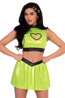 Super Baddie Costume for Women – 3 PC Shimmer Crop Top with Mesh Heart Panel, V-Front Skirt & Star Hair Clips