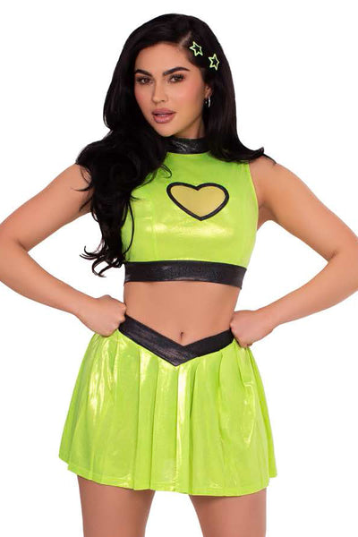 Super Baddie Costume for Women – 3 PC Shimmer Crop Top with Mesh Heart Panel, V-Front Skirt & Star Hair Clips