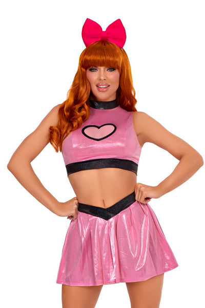 Super Cutie Costume for Women – 3 PC Shimmer Crop Top with Mesh Heart Panel, V-Front Skirt & Bow Headband