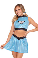Super Sweetie Costume for Women – 3 PC Shimmer Crop Top with Mesh Heart Panel, V-Front Skirt & Hair Ties