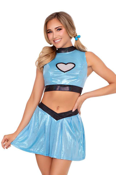 Super Sweetie Costume for Women – 3 PC Shimmer Crop Top with Mesh Heart Panel, V-Front Skirt & Hair Ties