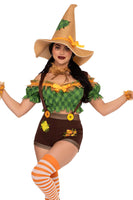 Scarecrow Sweetie Costume for Women – 5 PC Set with Top, Suspender Shorts, Patch Accents, Wrist Cuffs & Hat