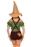 Scarecrow Sweetie Costume for Women – 5 PC Set with Top, Suspender Shorts, Patch Accents, Wrist Cuffs & Hat
