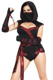 Shadow Strike Ninja Costume for Women, 3-Piece Ninja Halloween Costume with Black Open-Back Romper, Metallic Red Sash, Lace-Up Gloves & Hooded Face Mask