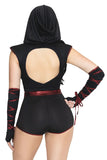 Shadow Strike Ninja Costume for Women, 3-Piece Ninja Halloween Costume with Black Open-Back Romper, Metallic Red Sash, Lace-Up Gloves & Hooded Face Mask