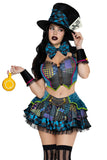 Darling Mad Hatter Costume for Women, 5-Piece Wonderland Halloween Costume with Patchwork Crop Top, Layered Mini Skirt, Bow Tie, Cuffs & Hat