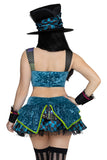 Darling Mad Hatter Costume for Women, 5-Piece Wonderland Halloween Costume with Patchwork Crop Top, Layered Mini Skirt, Bow Tie, Cuffs & Hat