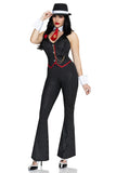 Mob Boss Babe Costume for Women, 3-Piece Gangster Halloween Costume with Pinstripe Jumpsuit, Dollar Sign Tie & Wrist Cuffs