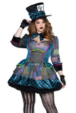 Charming Mad Hatter Costume for Women, 3-Piece Plus Size Wonderland Halloween Costume with Patchwork Dress, Oversized Bow Tie & Top Hat