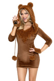 Honey Bear Costume for Women, 4-Piece Y2K Animal Halloween Costume with Plush Velvet Mini Dress, Furry Ear Hood, Paw-Print Gloves & Leg Warmers