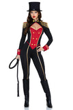 Commanding Ringmaster Costume for Women, 1-Piece Circus Halloween Costume with Black Jumpsuit, Red Inset, Gold Accents & Fringed Epaulettes